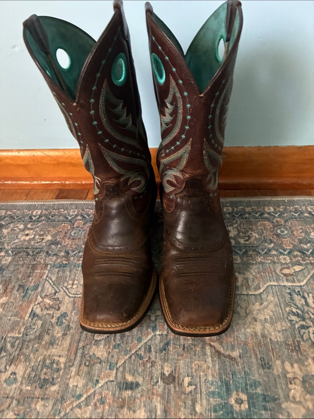 Ariat Brown Leather Western Boots with Teal Accents